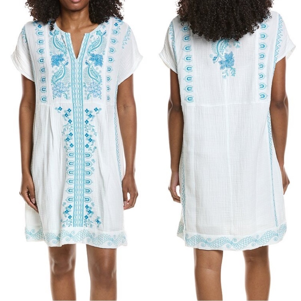 Johnny Was Eros Embroidered Tunic Dress Size S  NWT  White Blue Boho Shift Dress
